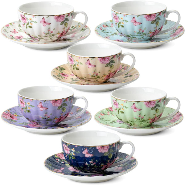 BTaT- Floral Tea Cups and Saucers Set of 6 (7 oz), Porcelain