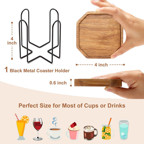 Set 6 Cute Rustic Farmhouse Wooden Cup Coaster of Cool Bar Drink Coasters with Holder Acacia Wood Coasters for Coffee