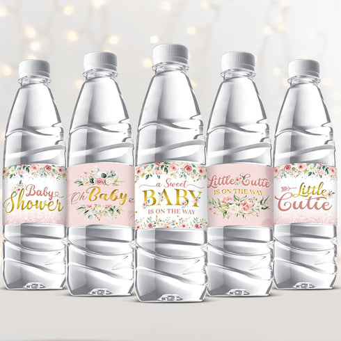 Colarr 72 Pcs Pink Baby Shower Water Bottle Labels Pink Gold Flower Water
