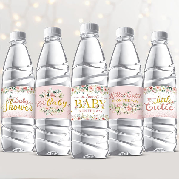 Colarr 72 Pcs Pink Baby Shower Water Bottle Labels Pink Gold Flower Water