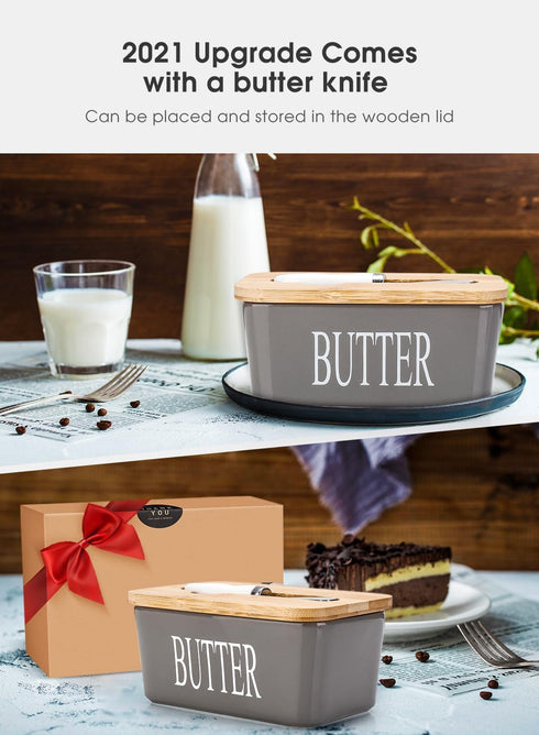 Butter Dish with Lid, Large Butter Dish for Countertop Ceramic Butter Keeper Container with Knife and High-Quality Silicone Sealing Butter Dish for Home Decor Good Kitchen Gift Grey