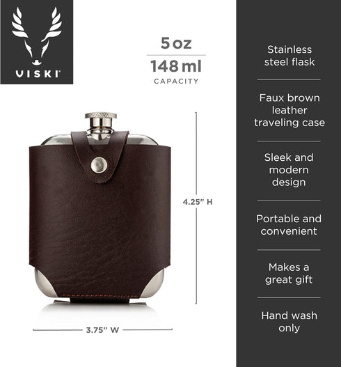 Viski Stainless Steel Flask with Traveling Case, Leather Wrap, 5oz, Brown