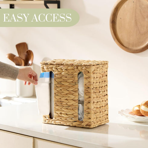 Countertop, 2 YANGQIHOME Trash Bag Dispenser with Lid, Water Hyacinth Plastic Bag Holder & Grocery Bag Holder