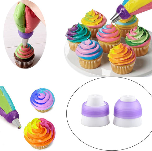 2 Pack Piping Tips, Three-Hole Converter Pastry Bag, Purple Russian Nozzle Decorating Kit for Cupcake Icing