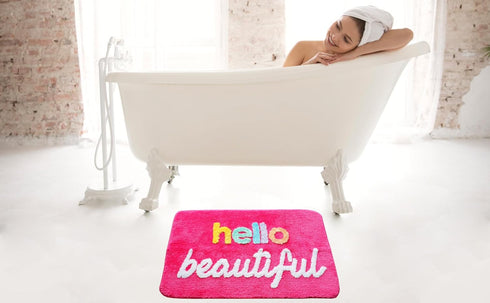 Evovee Hello Beautiful Bath Mat, Cute Bathroom Rugs for Girls, Funny Shower Decor, Non-Slip Washable Dark Pink