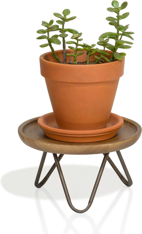 8.75 Red Co. Dia Round Decorative Wooden Pedestal Plant Stand with Metal Pin Legs, Natural Brown