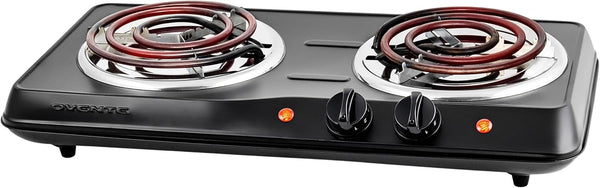 OVENTE Electric Countertop Double Burner, 1700W Cooktop with Stainless Steel Coil Hot Plates, Black