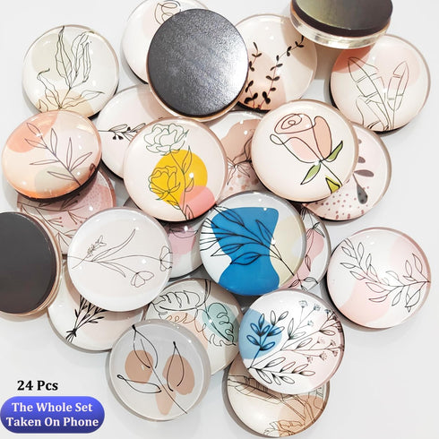 24Pcs 1.2in Round Crystal Glass Refrigerator Magnets, Cute Line Drawing Flower Magnets for Fridge and Locker