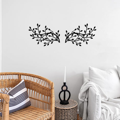 2 Pieces Metal Tree Leaf Wall Decor, Wrought Iron Scroll Sculptures for Living Room and Outdoor, Black