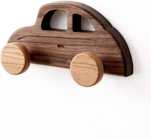 Vinoil 4 Pack Hats,Backpacks,Towels,Keys&Clothes Kids Coat Hooks Wall Mount, Walnut Car-Shaped Coat Rack Heavy Duty
