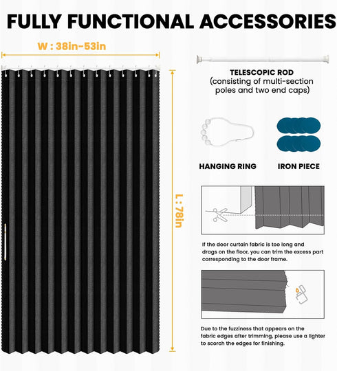 Set: (38-53" 53W78" Closet AJAZZ Curtain Rods No Drilling W Adjustable Range) & Accordion Door Curtain, Black L