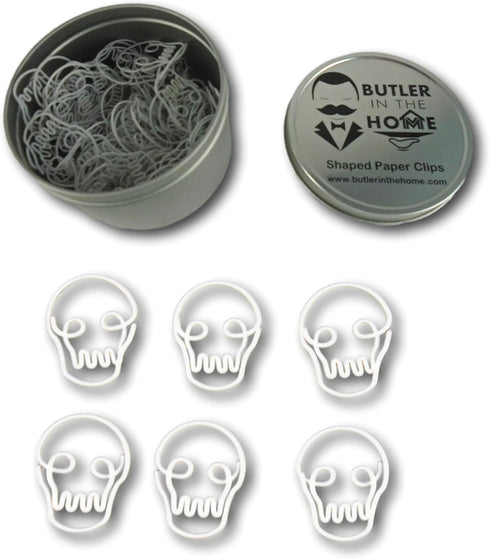 100 Count Skull Head Skeleton Shaped Paper Clips, White, Great for Collectors or Office Gift, Comes in Round Tin