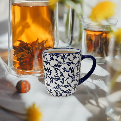 18 OZ Set 6, Schliersee Large Coffee Mugs of Ceramic Mug for Man Woman, Blue White Geometric Floral Porcelain Cup