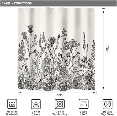 Riyidecor Wild Floral Shower Curtain 72Wx78H, Botanical Flower Plant Art Printed Fabric with Hooks