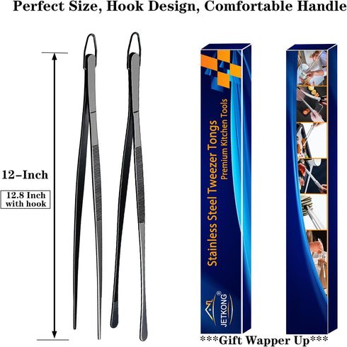 JETKONG 2 Pcs 12-Inch Food Tweezer Tongs, Stainless Steel Kitchen Cooking Tweezers