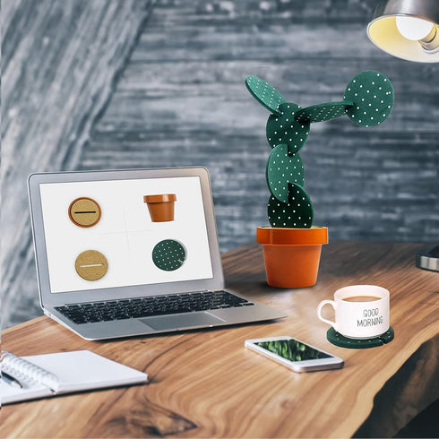 Cactus Coasters Set of 6 Pieces, Funny Coasters with Flowerpot Holder for Home Office Bar Decor
