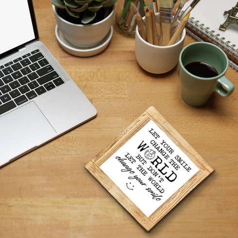 GXJGWSQ 5.9x5.9 Inch Wooden Inspirational Office Sign Let Your Smile Change The World Decor Plaque Motivational Desk