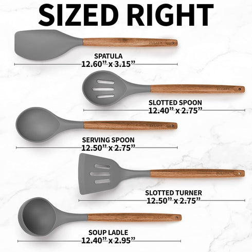 Zulay Kitchen Utensils Set, 5 Piece Non-Stick Silicone Cooking Utensils with Acacia Wood Handles, Gray
