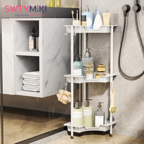 3 4 SWTYMIKI Corner Shower Caddy Standing - Tier Floor Standing Shower Organizer with Hooks, Plastic & Stainless Steel