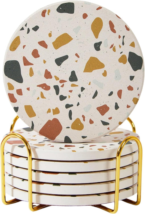 Absorbent Terrazzo Drink Coasters with Holder, Set of 6 Ceramic Stone Coasters