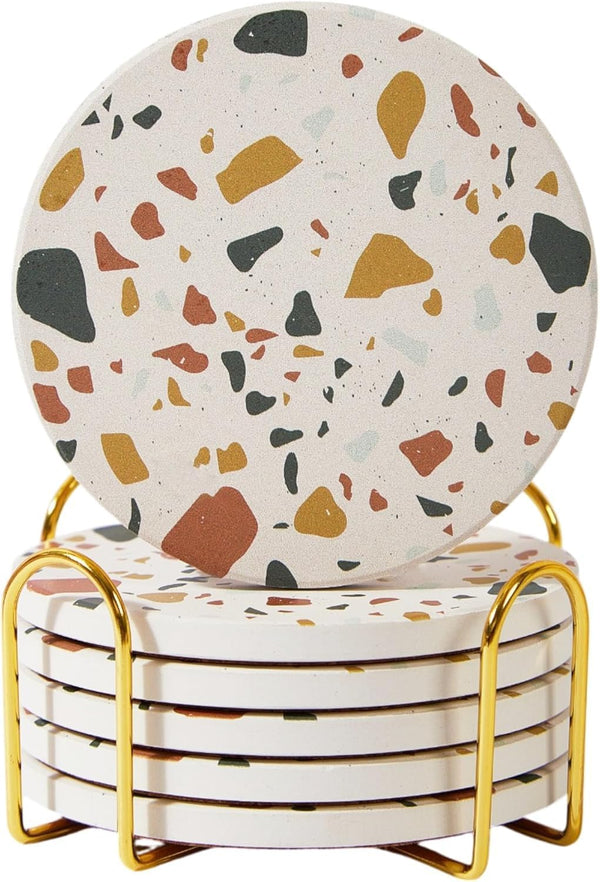 Absorbent Terrazzo Drink Coasters with Holder, Set of 6 Ceramic Stone Coasters