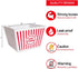 Novelty Place Plastic Popcorn Bowl, Red & White Striped Classic Containers for Movie Night, 8" Square x 7" Deep
