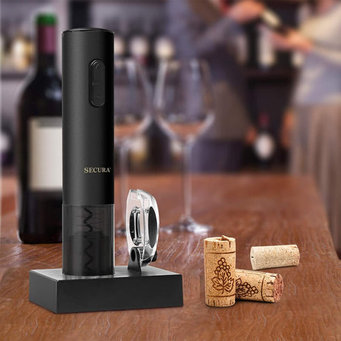 Secura Automatic Electric Wine Opener, Rechargeable Corkscrew with Foil Cutter (Black)