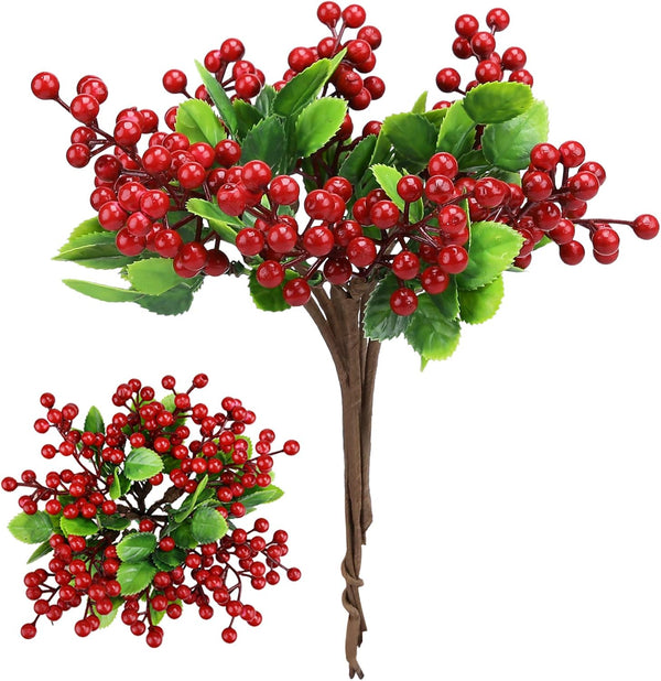 Felice Arts 6 Pack Christmas Picks, Artificial Red Berry Stems, Fake Holly Berries for Xmas Tree Ornaments