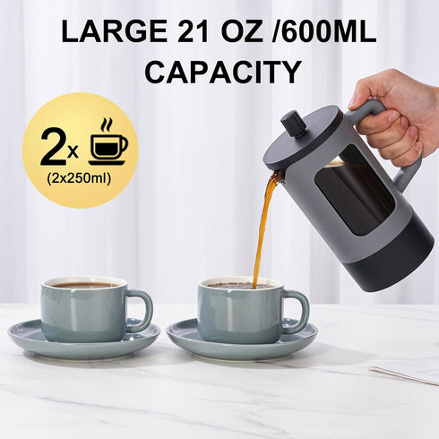 YOLIFE 21oz French Press Coffee Maker - Grey and Black Heat-Resistant Borosilicate Glass with 4-Level Filters