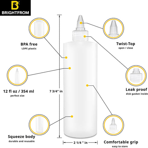 12 OZ 2 PACK BRIGHTFROM Condiment Squeeze Bottles, Empty Squirt Bottles, Clear Twist Top Cap, Leak Proof - Great