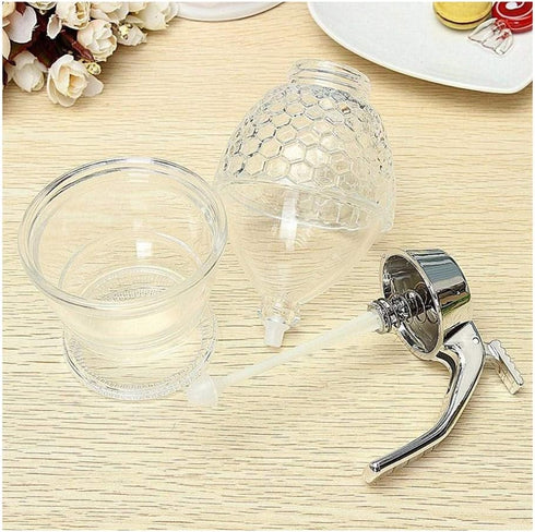 Honey Dispenser, Syrup Dispenser, Beautiful Honeycomb Honey Jar with Stand