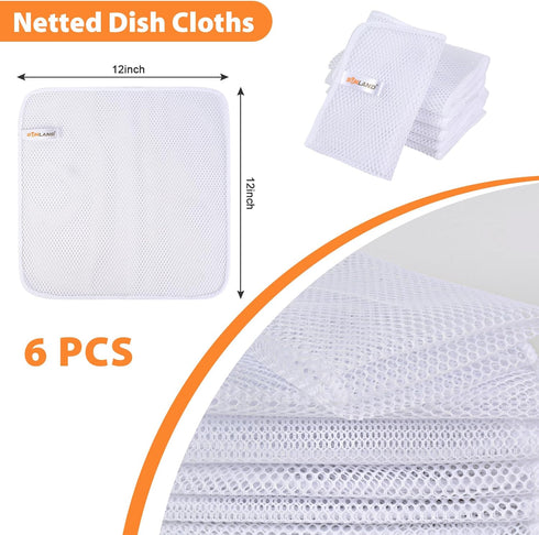 SUNLAND Netted Dish Cloths 6 Pack for Washing Dishes, Fast Drying Mesh Scrubber 12 Inch x 12 Inch White