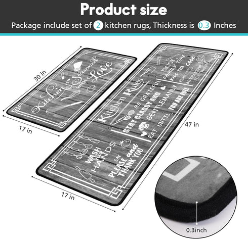 Grey Kitchen Rugs, Non-Skid Washable Microfiber Mats, Kitchen Rules Theme Decor Sets of 2