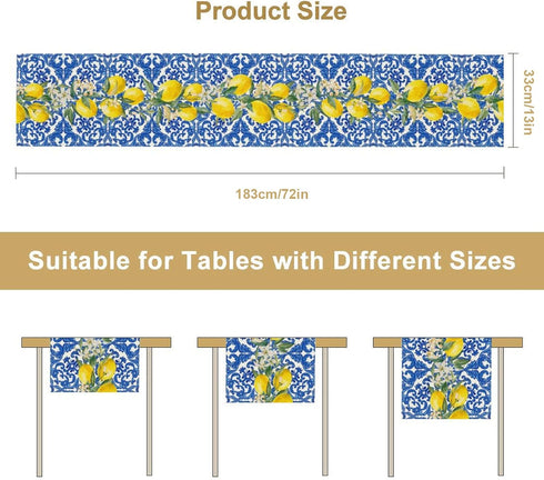UEQIKI Summer 13x72 Inch Blue Tiles Lemon Table Runner for Home Party Decorations Seasonal Washable Kitchen Dining