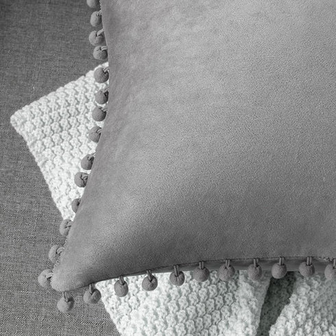 DEZENE Decorative Pillow Cases, 24x24 Light-Grey, 2 Pack Cozy Soft Pom-poms Velvet Square Throw Pillow Covers