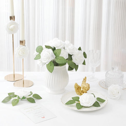 DerBlue 60pcs Artificial Roses Flowers - Real Looking Fake Roses with Stem & 10pcs Green Leaves for DIY Decorations