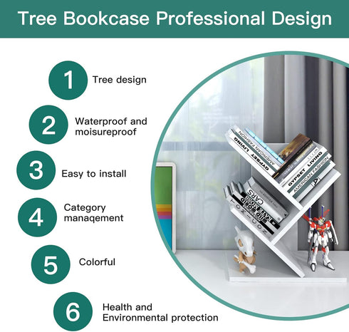 Godferyxin Tree Bookshelf, 3-Tier Floor Standing Bookcase for Office, Home, and School (White)