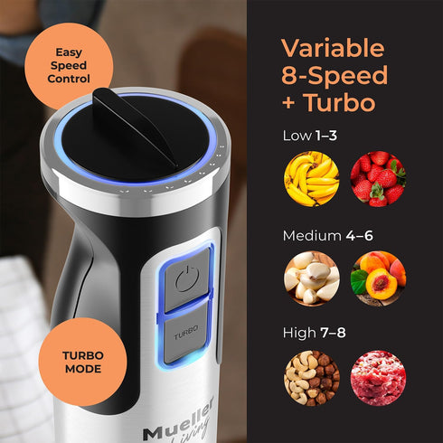 Mueller Immersion Blender Handheld - 8 Speed Electric Stainless Steel Hand Blender, 3 in 1 Emulsion Stick Blender for