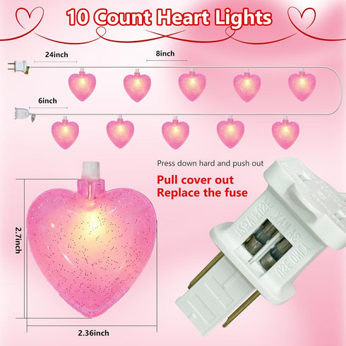 8.5FT Valentines Day Heart String Lights Plug in, Pink LED Heart Lights for Indoor Outdoor Decor, Connectable Valentine
