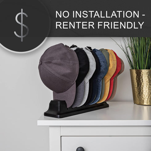 Hat Organizer for Baseball Caps, Holder for 10 Caps, No Install Required Closet Rack System - Black