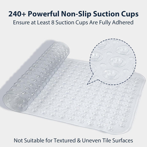 21.5x33.5 Inch Large Shower Mat Clear, Soft Non Slip Shower Mats for Inside Shower with Big Suction Cups Drain Holes