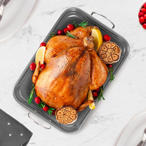 Glad Nonstick Roasting Pan 11x15, Heavy Duty Metal Bakeware Dish with Rack for Baking Turkey, Chicken, Veggies