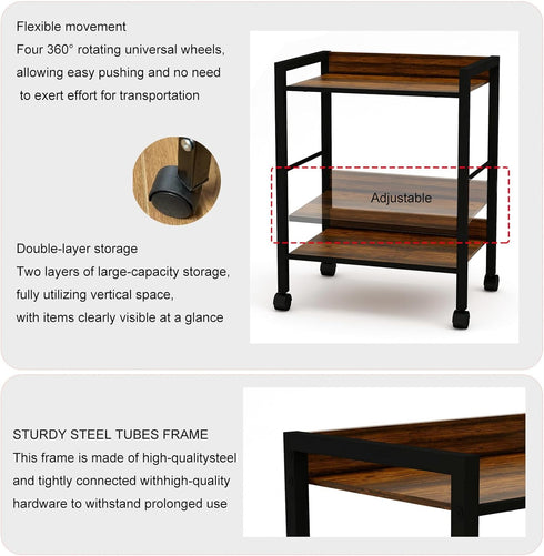 2-Tier Rolling Utility Cart Night Stand Organizer with Brown Wood Shelves and Black Metal Frame, End Side Table Storage