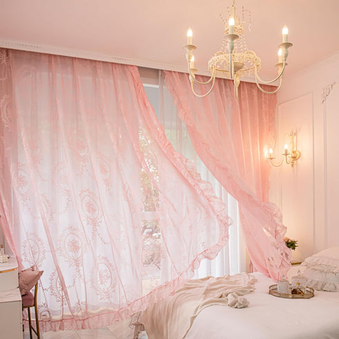 84 Inches 2 Set, W57 L84 Deeprove Pink Lace Curtains Long Panels Boho Sheer Florals Scallop Ruffle Edge, Bohemian Chic