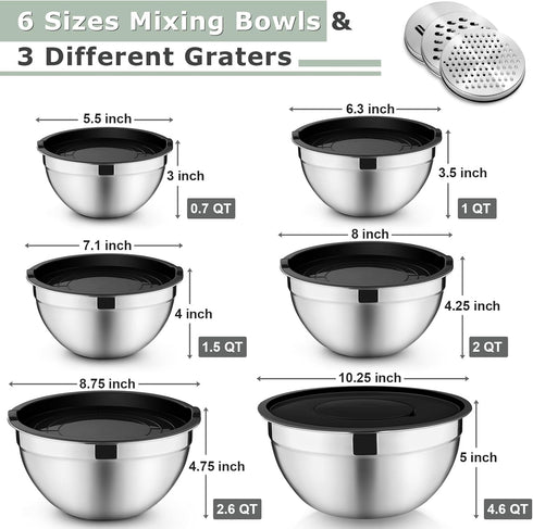 P&P CHEF Mixing Bowls with Black Lids Set of 6, Stainless Steel Nesting Salad Bowl & 3 Grater Attachments for Prepping Storing, 4.6/2.6/2/1.5/1/0.7 QT