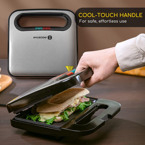 Aigostar Sandwich Maker, Non-Stick Panini Press, Breakfast Grilled Cheese Maker, Stainless Steel Tostadora de Pan