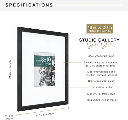 MCS Studio Gallery 16x20 Matted Photo Frame with 8x10 Picture Display, Black Woodgrain, Vertical & Horizontal Wall