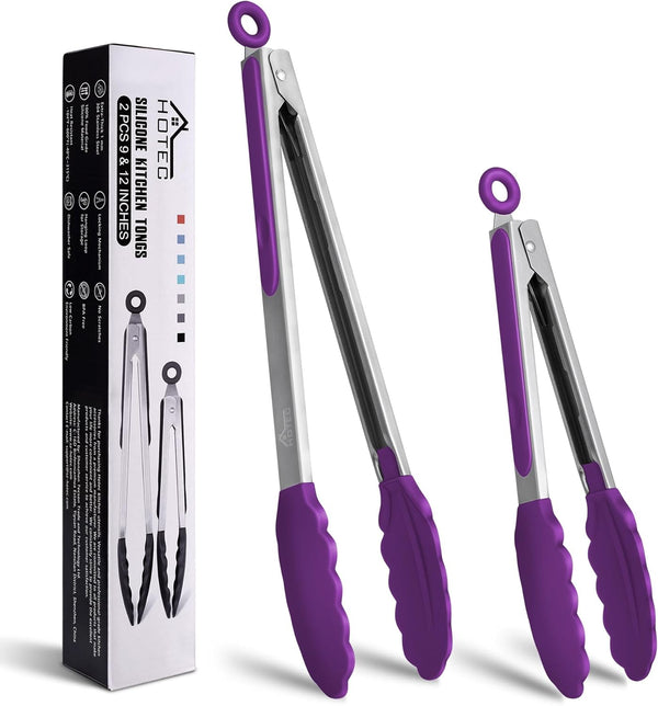 HOTEC Premium Stainless Steel Locking Kitchen Tongs, Set of 2 (9" and 12"), Silicone Tips, Purple