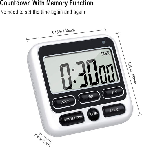 KTKUDY Digital Kitchen Timer with Mute/Loud Alarm, 24 Hour Clock & Memory Function, Large LCD Display (Black)