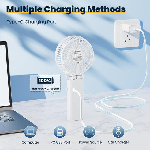 HandFan 5200mAh Portable Handheld Fan, Foldable, Battery Operated, 3 Speeds, 5-20H Working Time, White
